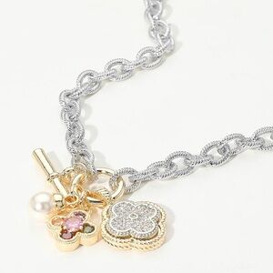 CZ Stone Paved Quatrefoil Pearl Charm Pendant Necklace